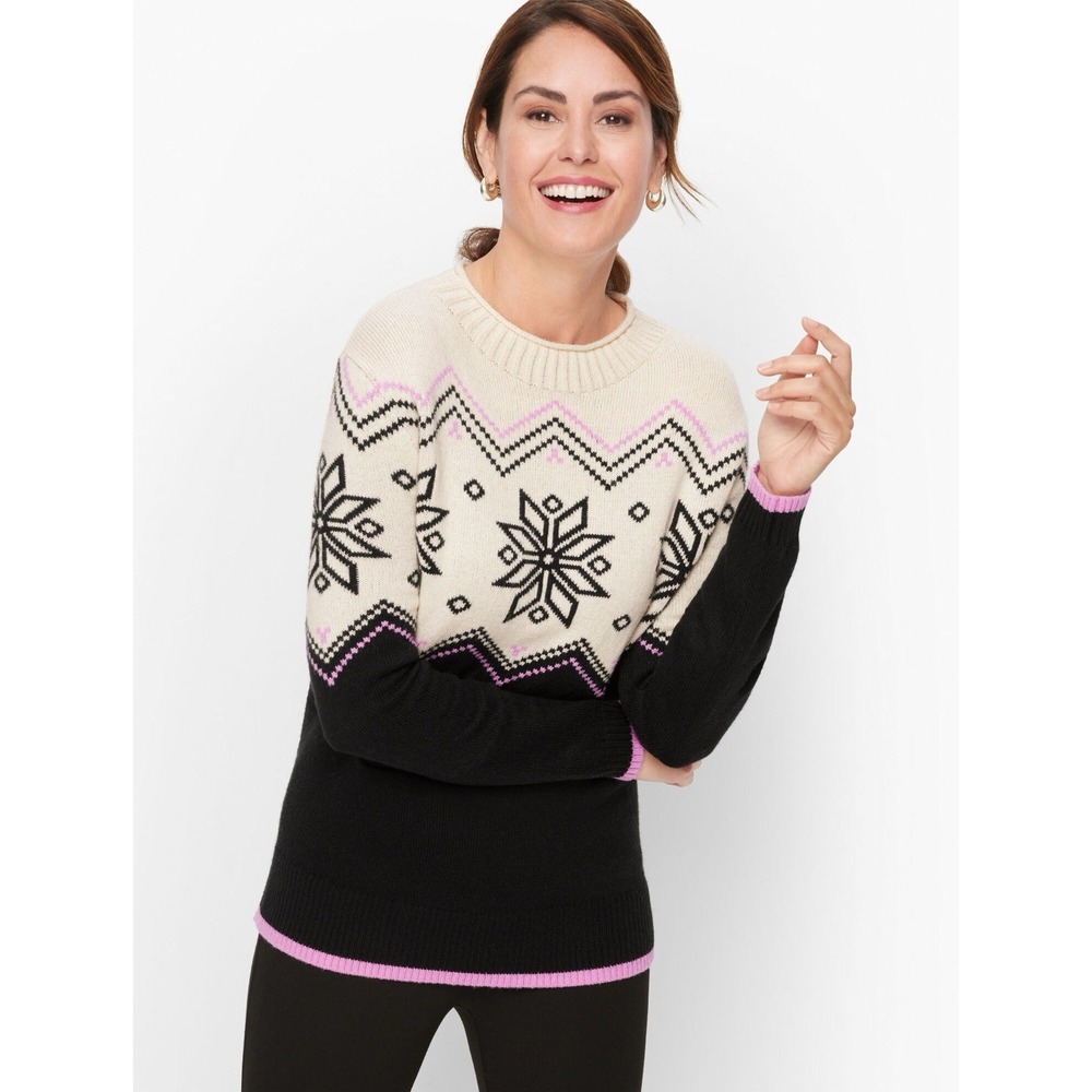 Talbots Snowflake Fair Isle Mockneck Knit Sweater Size L Merino Wool Blend